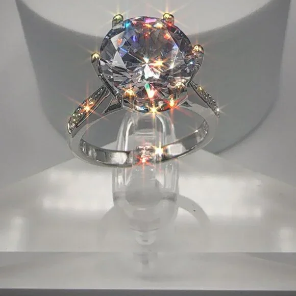 Round Cut Simulated Diamond Engagement Ring With Pave Band In Silver Tone 1 Ct - Picture 1 of 10